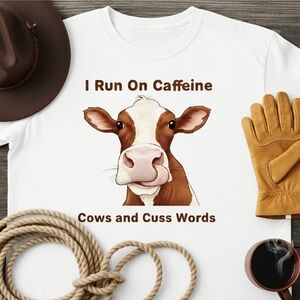 Funny Cow Graphic Tee • “I Run On Caffeine Cows & Cuss Words” Shirt • Western